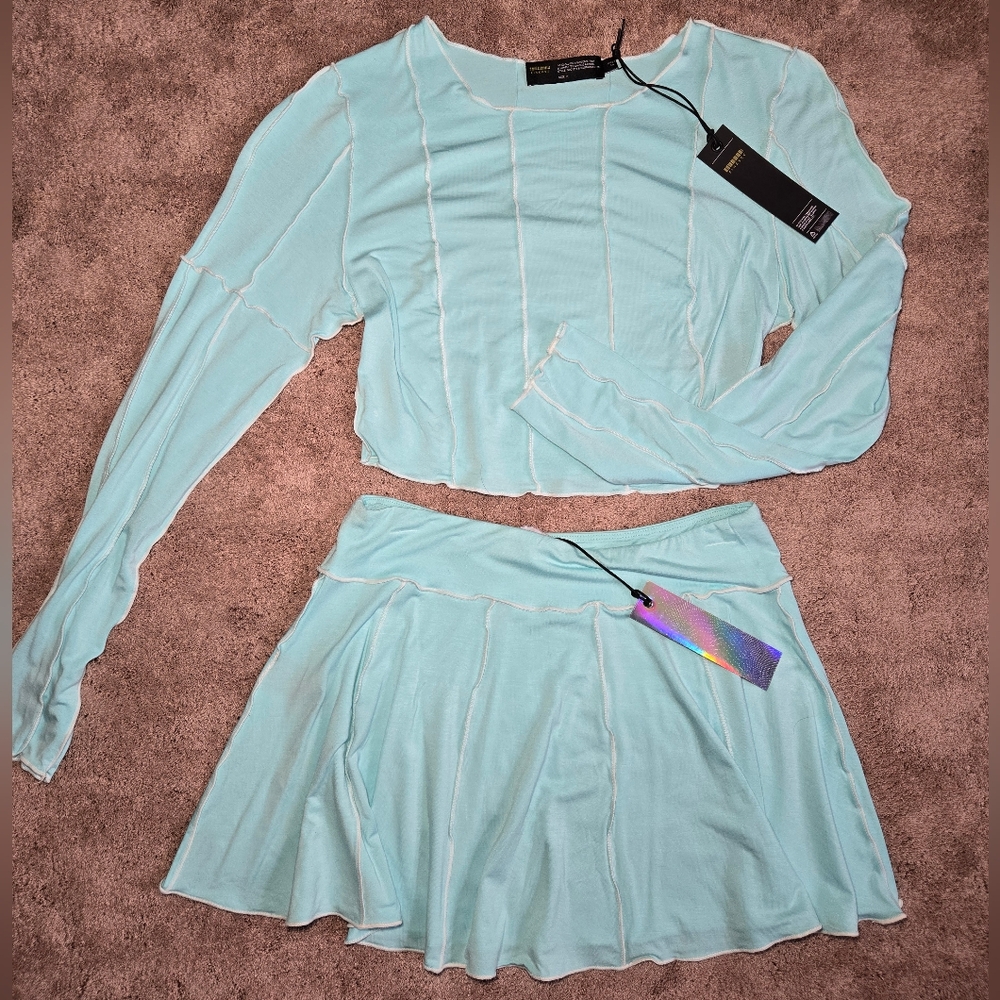 NWT Matching Set Finesse Vylette Set Mini Skirt & Crop Top Ice Baby Blue